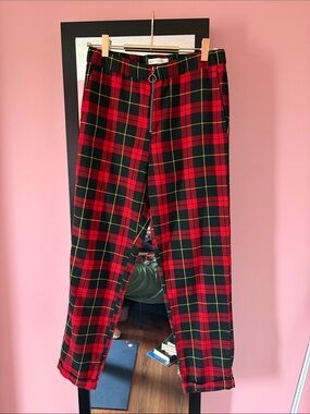 stradivarius Red and Black Plaid Cropped Pants